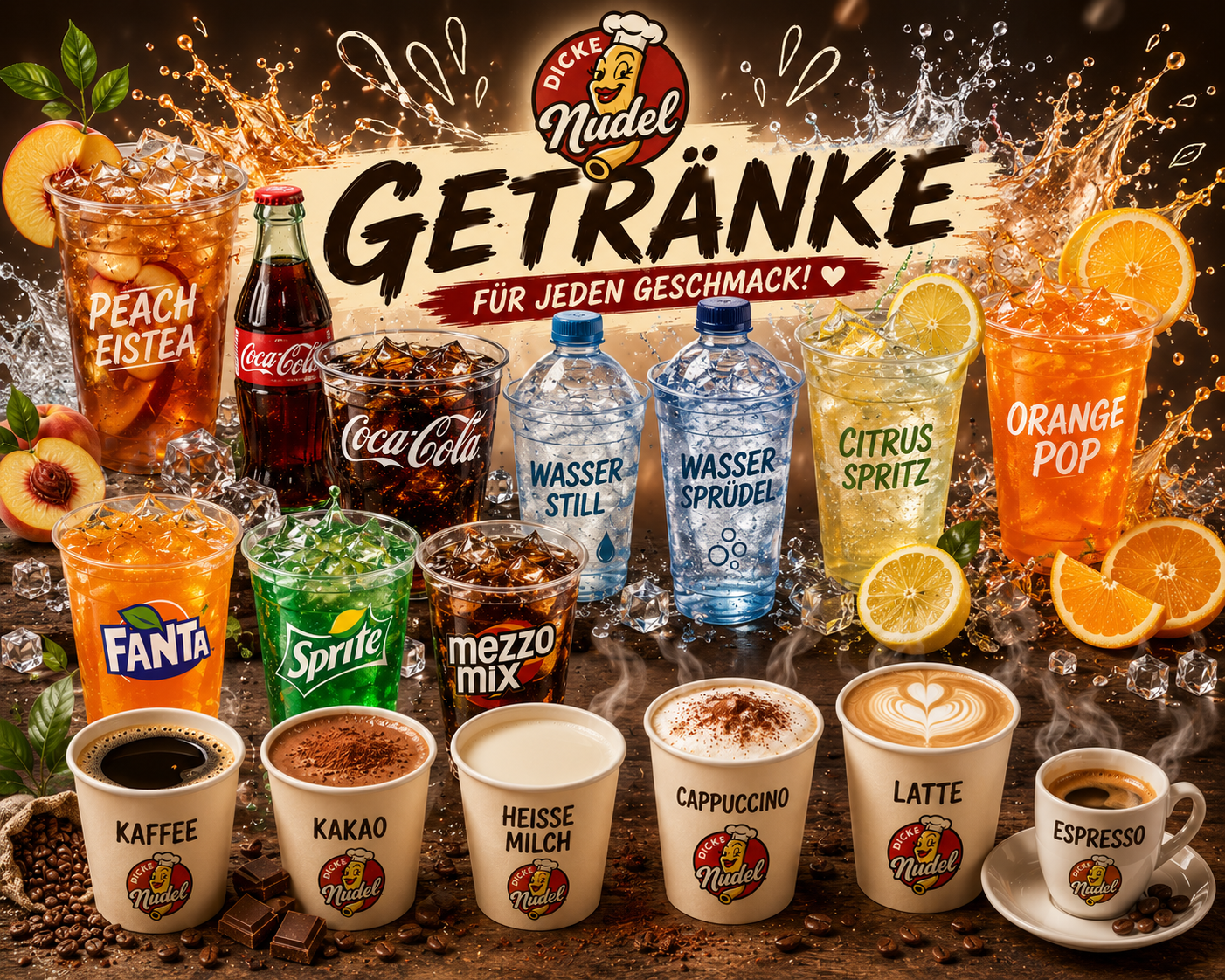 Dicke Nudel drinks overview with hot and cold drinks