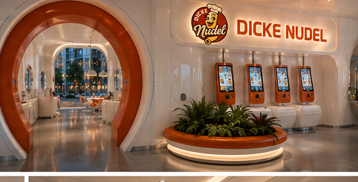 Eingangsportal von Dicke Nudel mit runder Öffnung und leuchtendem Signage