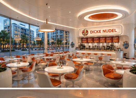 Sitzbereich von Dicke Nudel mit runden Tischen und orangefarbenen Sesseln
